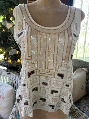 Lucky Brand Cream Beaded Sequin Tank Top